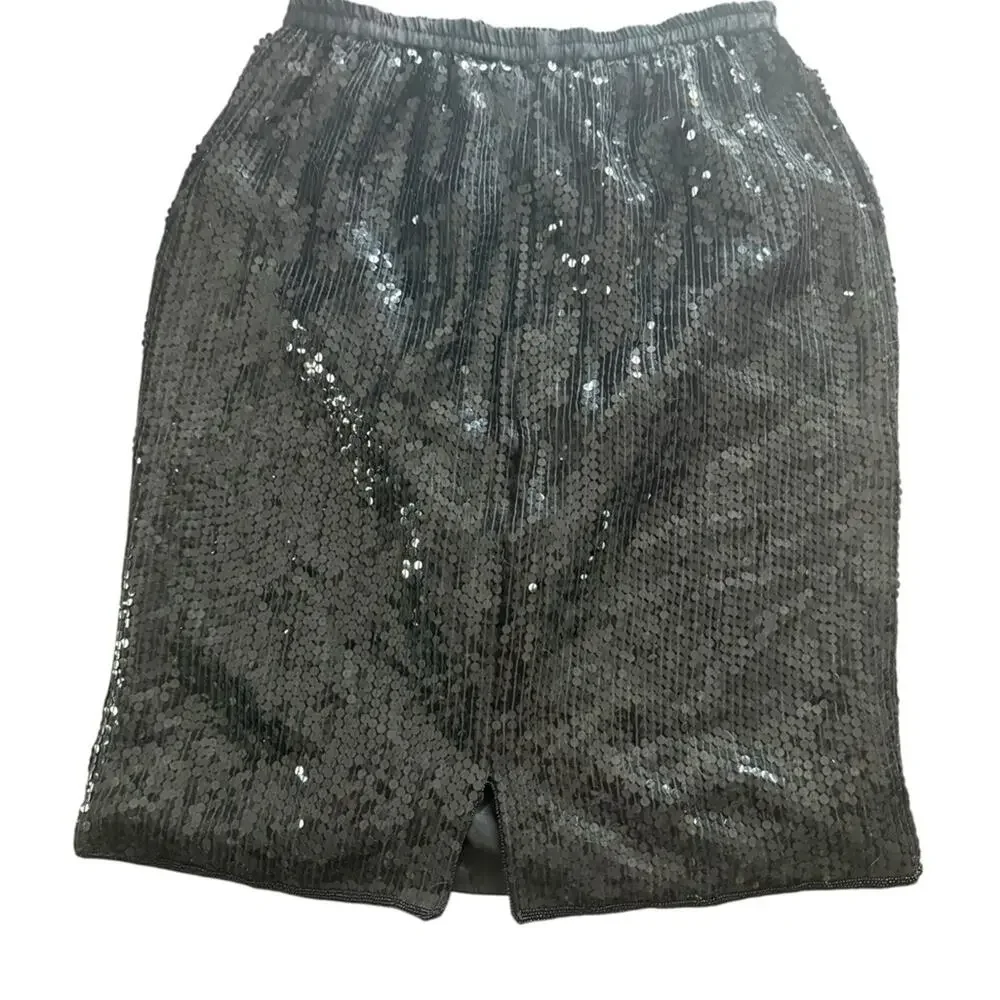 Vintage Albert Paul Black Sequin Silk Pencil Skirt Womens Sz M Knee Length Glam
